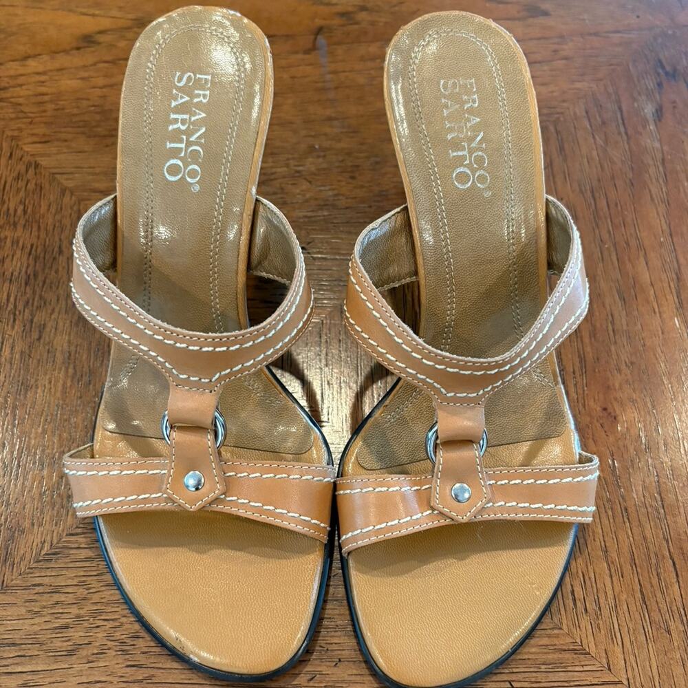 Franco Sarto Tan Leather Open Toe Slide Sandals Heels 7
